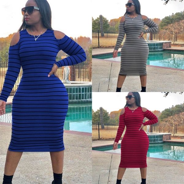 

women striped dress long sleeve dew shoulder bodycon dress fashion ladies outdoor beach casual dresses knee-length tight dresses 2xl ly0129, White