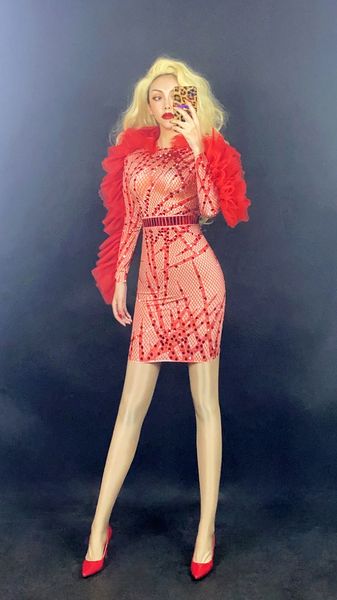 

new red lace sleeve rhinestone sequined short dress women birthday prom party outfit long sleeve singer dancer show costume, Black;red