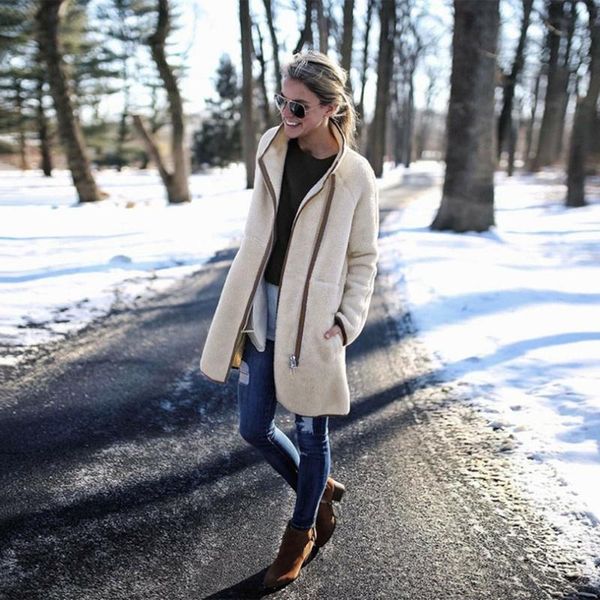 

women winter warm plush long cardigan coat open front long sleeve stand collar zipper jacket female overcoat, Black;brown