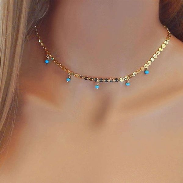 

necklace fashion handmade chain copper sequin jewelry pine stone pendant simple lady popular short clavicle chain, Silver
