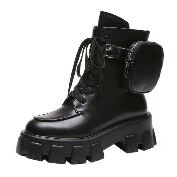

2020 new product pocket motorcycle boots women platform shoes lace up thick-soled black shoes woman half botas mujer