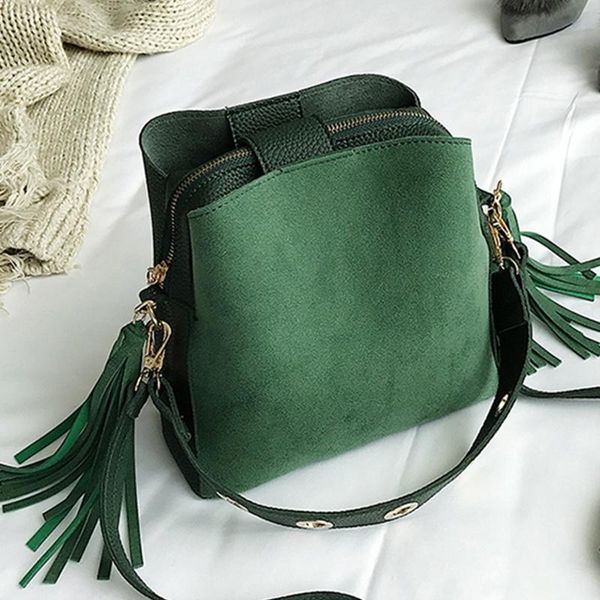 

hisuely fashion scrub women bucket bag vintage tassel messenger bag retro shoulder simple crossbody tote