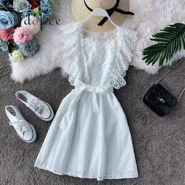 

summer dress sweet lace hollow out sleeveless square collar solid color dress women outwear plus size closed waist vestidos1, Black;gray