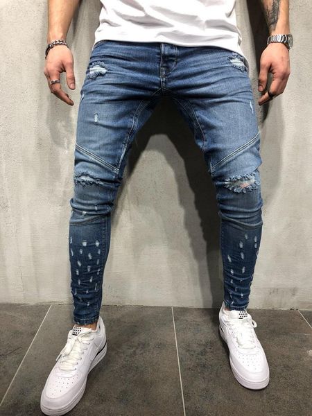

european american style motorcycle jeans men skinny european size denim pants men casual fashion pencil pants, Blue
