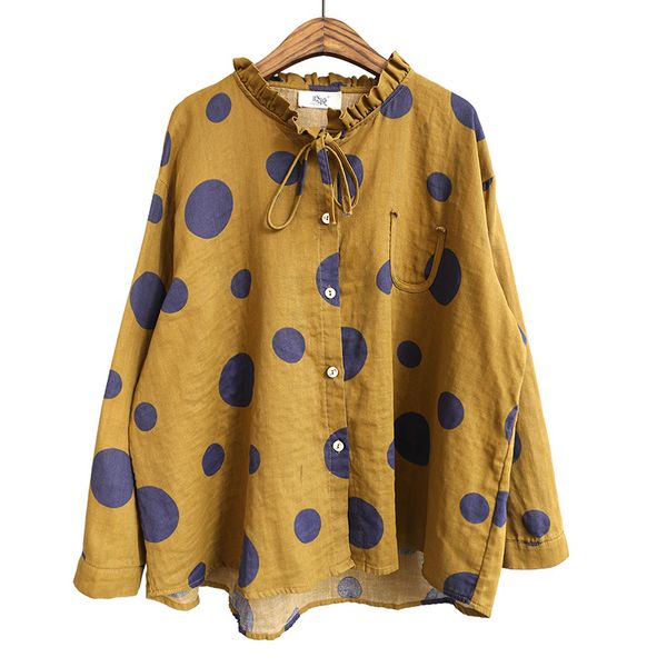 

2021 new flax blouse new spring summer mode women complete color yellow dots stain collar shirt jpp9, White