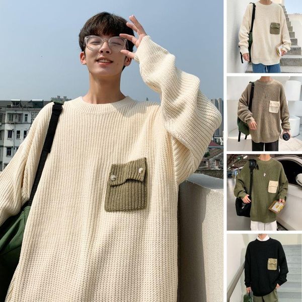 

autumn winter sweater men's warm fashion pocket casual o-neck knitted pullover men korean loose knitting sweaters mens clothes, White;black