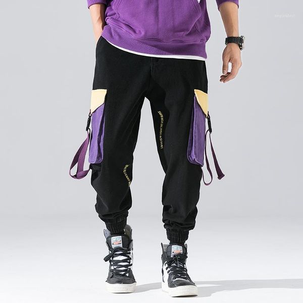 

hip hop men streetwear pants patchwork pocket side ribbons joggers sweatpants men ankle length trousers for male1, Black