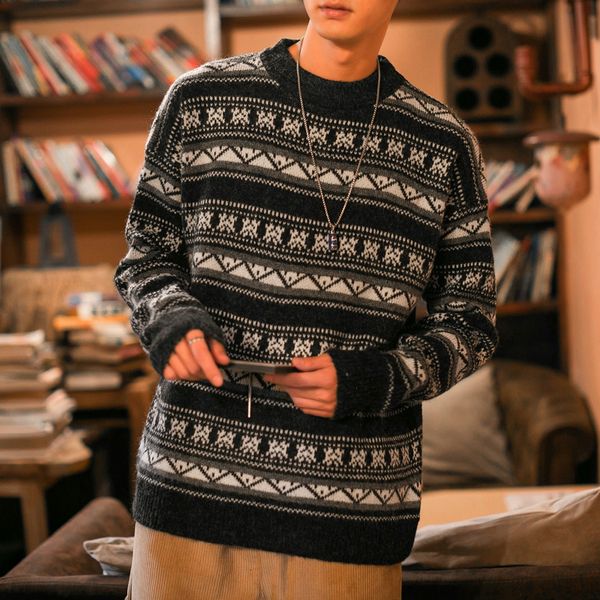 

2021 new fashion o-neck christma black white blue striped sweater men's oversize pull long sleeves pullover for autumn spring winter 90, White;black