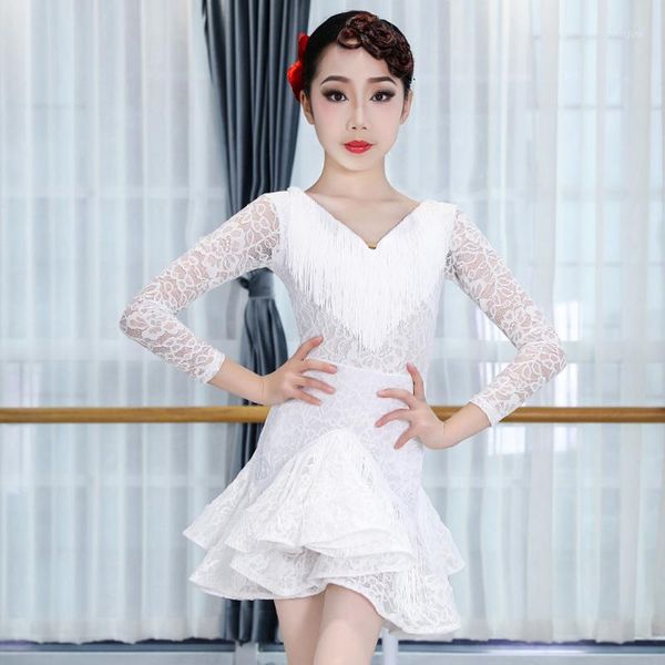 

girls latin dance dress v-neck fringe dress white lace skirts children practice clothes competition costumes kid stage wear 34421, Black;red