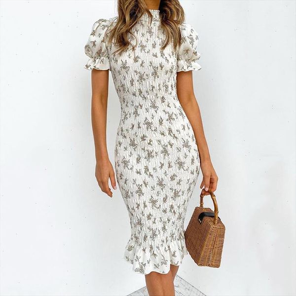 

women boho floral print folds dress bodycon pleated puff sleeve slim female midi dresses summer lady beach dress vestidos, Black;gray