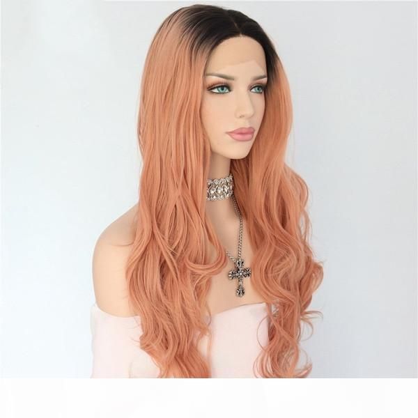 

180% density dark roots natural wave synthetic wigs black ombre pink cosplay wig heat resistant lace front wig for black women