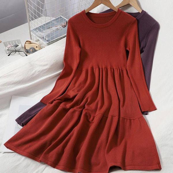 

casual dresses autumn women large hem sweater o-neck pullovers knitted dress female long sleeve bottoming vestidos a2021, Black;gray