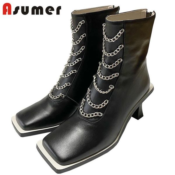 

asumer 2020 genuine leather ankle boots women square toe vintage fashion high heel boots woman casual shoes black