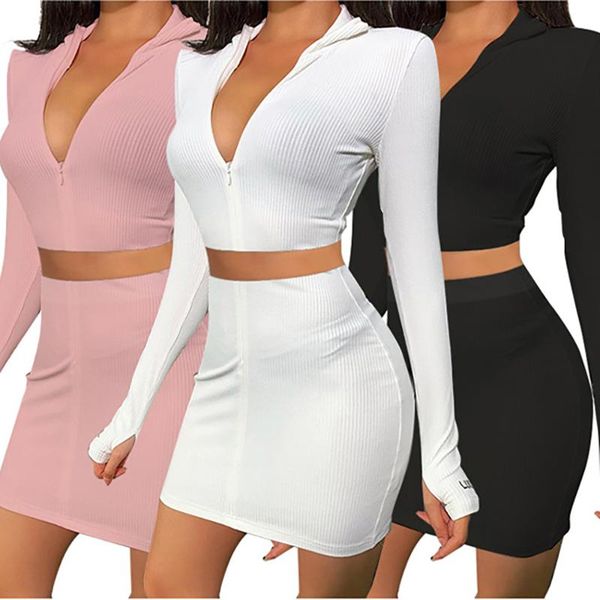 

streetwear embroidery lucky label dress two pieces set zipper long sleeve crop with mini dress knit rib bodycon women, Gray