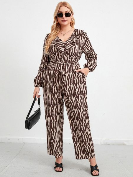 

plus zebra striped ruffle trim lantern sleeve belted jumpsuit u58k#, Black
