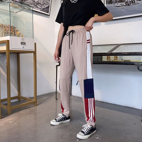 

2020 мужчин и женщины той же прострочка cotton sweatpants мода хип-хоп уличного стиль дикой пара шнуровки colorblock следа брюки размер s-2x, Black;white