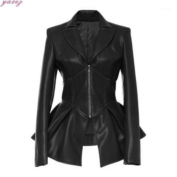 

2019 fashion gothic ruffles faux pu jacket women winter autumn motorcycle black leather coats outerwear coat v-neck jacket1