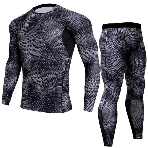 

snake skin pattern printed men's long-sleeved sporting men's fitness t-shirt fast dry super elastic suits long-sleeved +pants su1, Gray