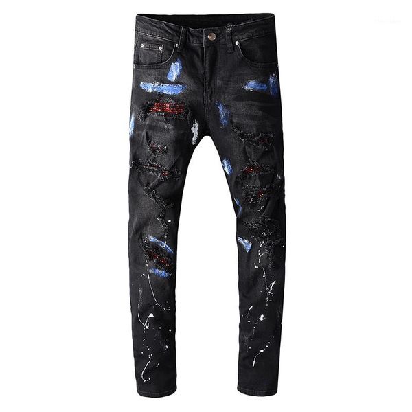 

men's jeans sokotoo men's crystal blue painted black fashion slim skinny rhinestone holes ripped patchwork stretch denim pants1