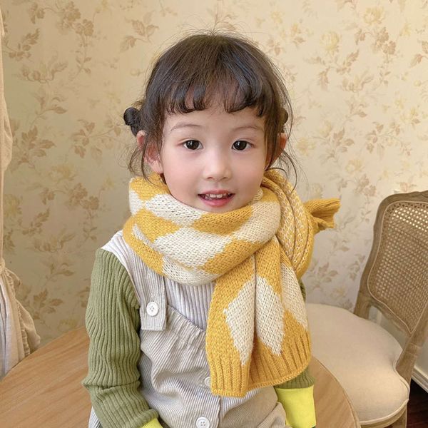 

wool scarf autumn and winter children's korean color contrast diamond girl 1-10 years old baby warm soft boy's neck fashion, Red;brown