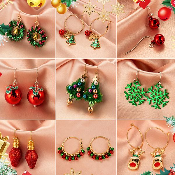 

christmas multiple red green snowman bells drop earrings for women girl metal tree snowflake elk hoop earrings party jewelry, Golden;silver