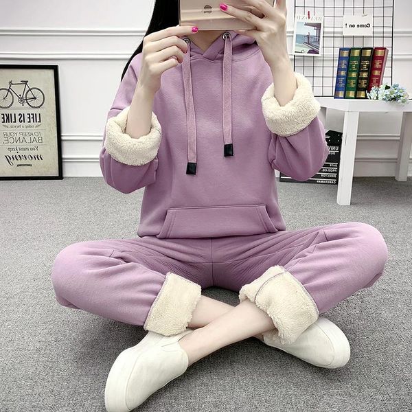 

running sets winter thick fleece women tracksuit sportswear warm hoodie jogging workout casual set sport suit sweatshirt+pant, Black;blue