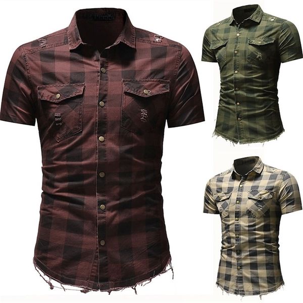 

men's slim fit button plaid shirt with pocket short sleeve blouse y200409, White;black