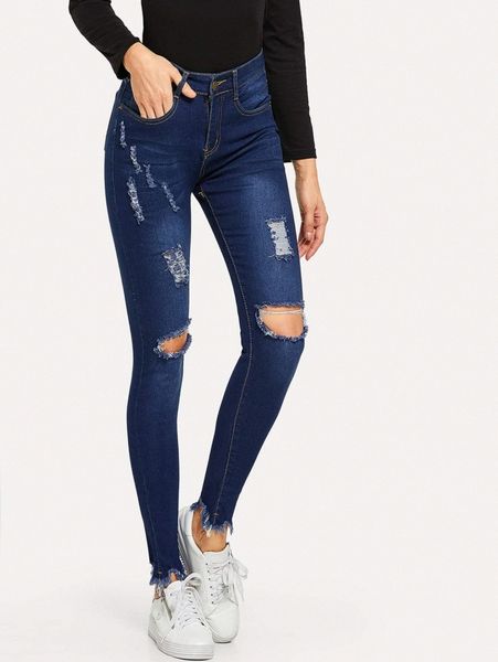 

high waist high stretch raw hem skinny jeans e1w0#, Blue