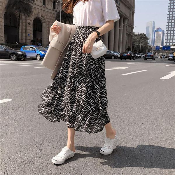 

женская нерегулярное ruffled бич длинная юбка полька dot высокой талией boho линия maxi юбка женщины 2020 весна лето bohemian юбки, Black