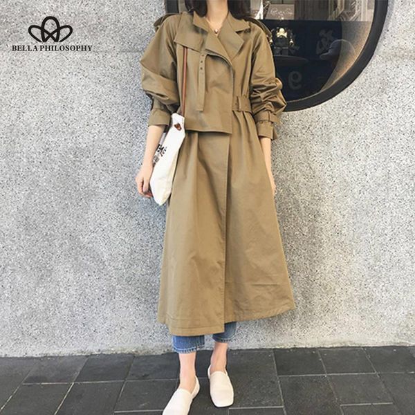 

bella philosophy windbreaker female 2020 autumn casual chic loose harbor wind long trench coat solid elegant women outwear, Tan;black