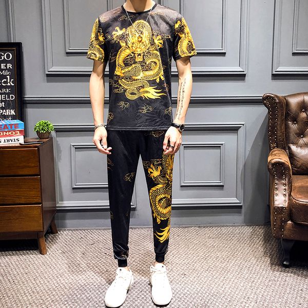 

2021 new chinese dragon summer sweat suits the sport men suit of short sleeves t-shirt sports mark clothess blazer 3fpw, Black