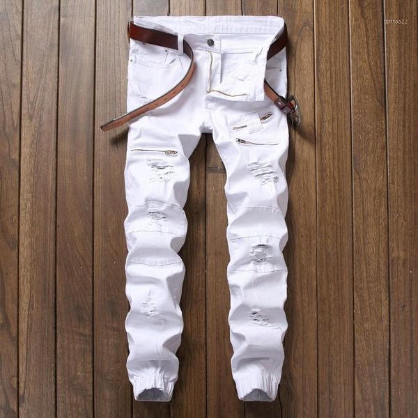 

men's jeans men's slim feet elastic holes pants men casual male solid cotton straight full length for men1, Blue
