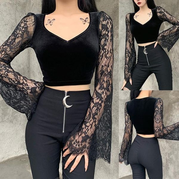 

women gothic lace flare long sleeve t-shirt v-neck velvet black crop 6xda, White