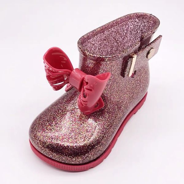 

mini melissa 2020 new hollow bow rainboots jelly children rain boots girl anti-skid bottom water shoes, Black;red