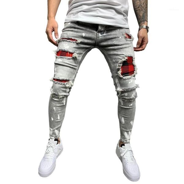 

fashion men destroyed scratched denim pencil pants ripped skinny biker plaid patchwork jeans hip hop trousers streetwear1, Black