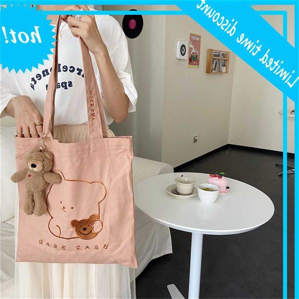 

0831 korean ins embroidered bear shoulder fresh student large capacity canvas bag female