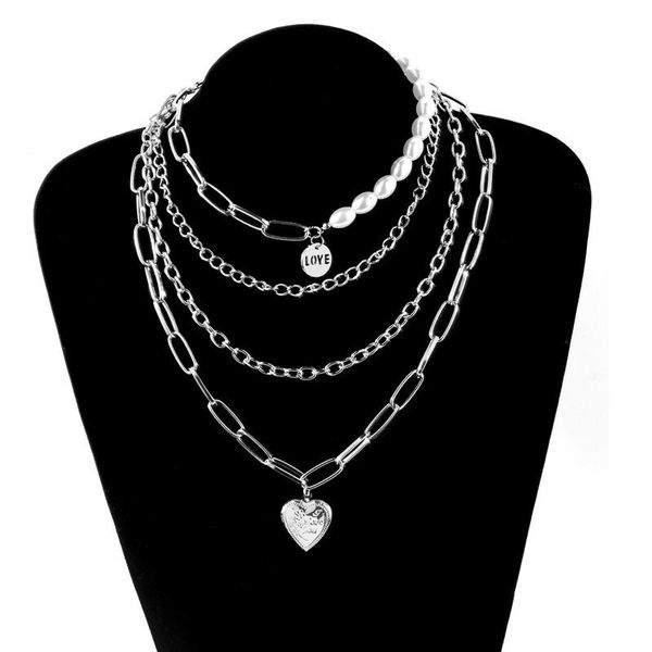 

chains timronly exaggerated multi layer love heart pendant necklace chunky cuban chain coin faux pearl for women romantic jewelry, Silver