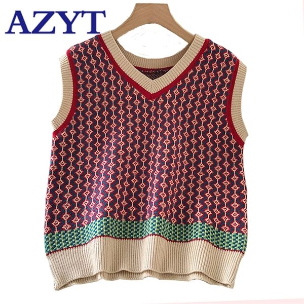 

azyt v neck loose knit women's sweater vest autumn stripe panelled women sleeveless casual knit tank female 201211, Black;white