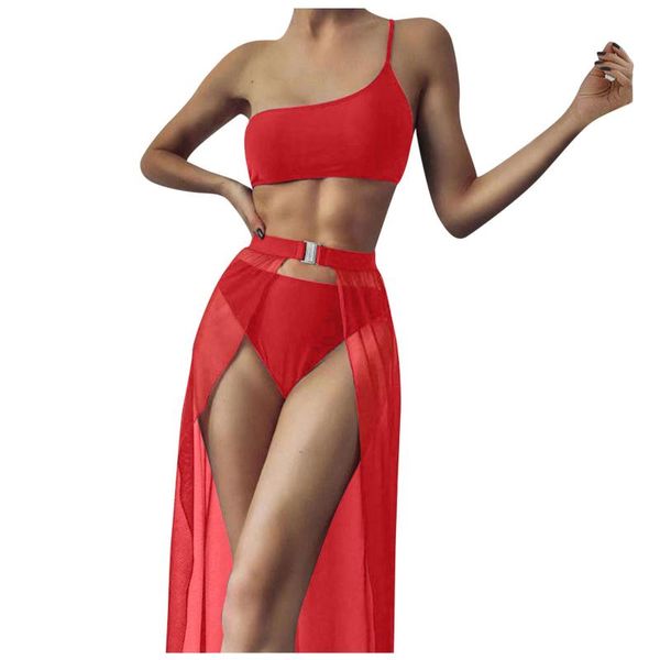 

three-piece women swimsuit red solid color high waist bandeau bandage halter one shoulder swimsuit beachwear bañador, White;black