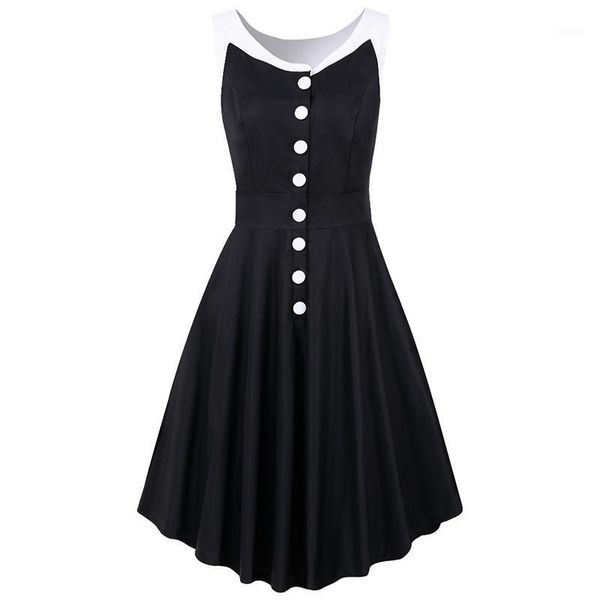 

elegant ladies party black dress button pleated vestidos mujer 2020 women dress fashion a-line plus size empire tank1, Black;gray