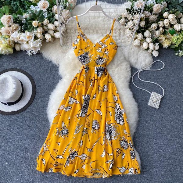 

2020 fashion dress women summer v-neck long yellow a-line floral print beach dress holiday maxi bohemian dresses1, Black;gray