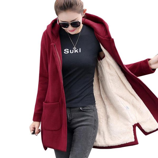 

2020 autumn winter women's fleece jacket coats female long hooded coats outerwear warm thick female red slim fit hoodies jackets, Black;brown