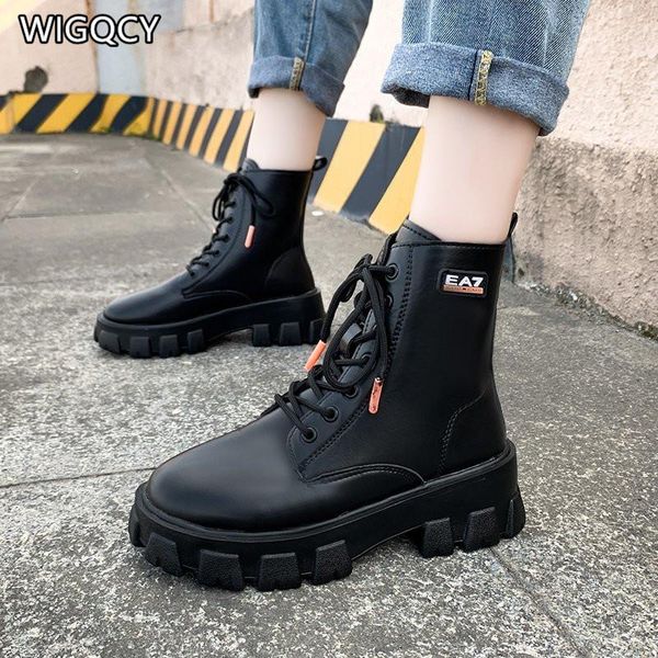 

2020 осень зима новых женщин толстая heeled яркая кожа платформы короткие сапоги середина heeled мартин сапоги женские женщины w79, Black