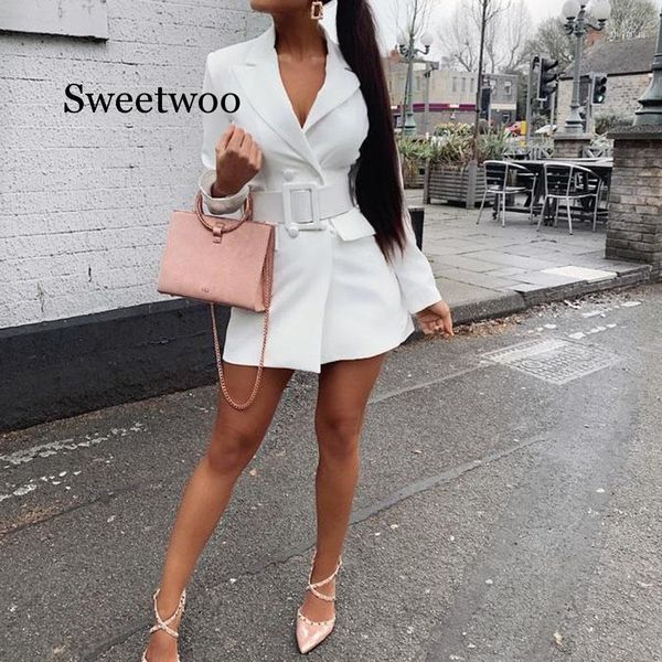 

autumn spring women lapel long sleeve blazer v-neck double breasted pocket jackets elegant work dress outerwear1, White;black