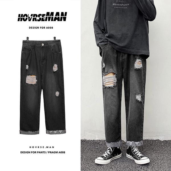 

2021 men's brim autumn new thin torn straight pants relaxed jeans youth male clothes faib, Blue