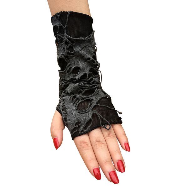 

women elastic tatters rag distress fingerless sleeve mitten glove rock punk party stage custome guantes, Blue;gray