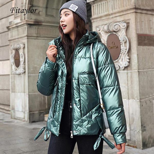 

fitaylor 2020 women winter hooded down cotton wadded jacket shining fabric thicken short coat female casual warm parka1, Black