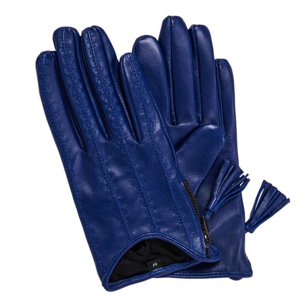 

five fingers gloves genuine leather female tassel zipper short style autumn winter thin velvet lined woman sheepskin driving tb80-1, Blue;gray