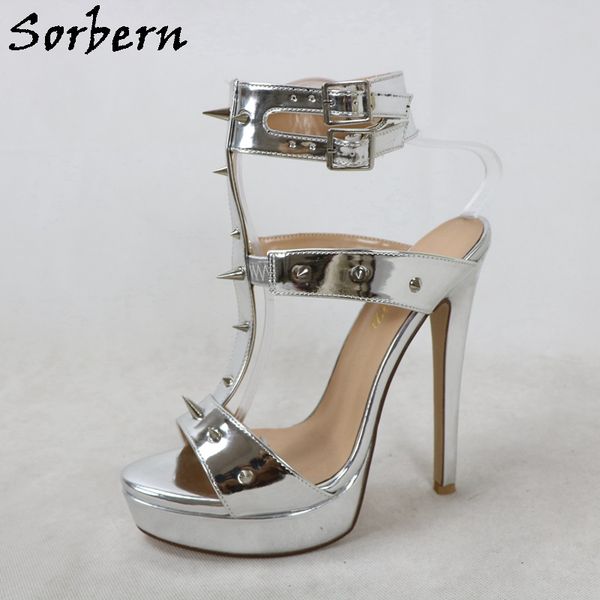 

sorbern silver metallic sandals slingback summer style shoes ankle strap wrapped punk rivets platform shoe, Black