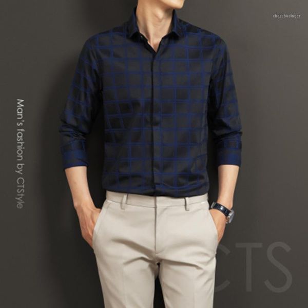 

spring and autumn men's plaid long-sleeved shirt business casual slim shirt ironing dress cotton black and white tide men's1, White;black